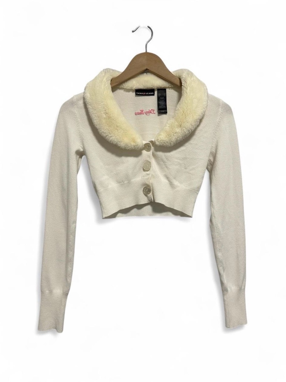 Womenβs Vintage Y2K DKNY Jeans Ivory Long Sleeve Cropped Cardigan w Faux Fur S